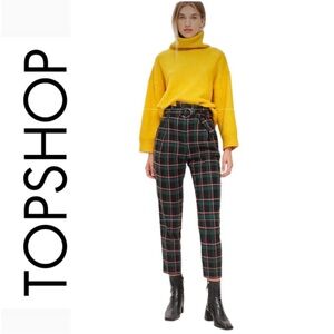 Topshop Green Pink Paperbag Plaid Trouser Pants